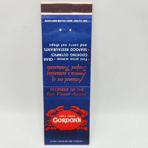 Vintage Matchbook World Famous Gordon's Restaurant Rockville Maryland